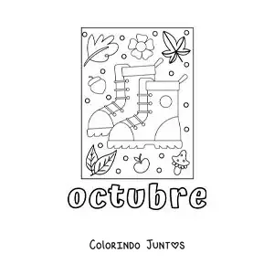 Desenho para colorir de outubro com um par de botas com folhas de outono