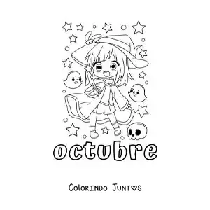 Desenho para colorir de outubro com uma menina fantasiada de bruxa kawaii de Halloween