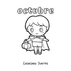 Desenho para colorir de outubro com um menino animado fantasiado de vampiro de Halloween