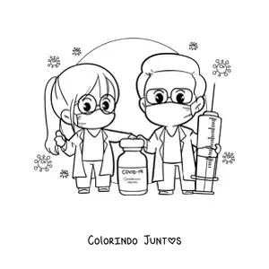 Desenho para colorir de dois medicos animados kawaii com a vacina contra o coronavirus