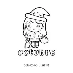 Desenho para colorir de outubro com uma menina animada fantasiada de bruxa de Halloween