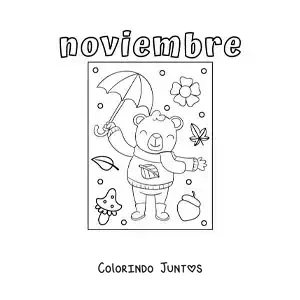 Desenho para colorir de novembro com um urso animado com um casaco de outono