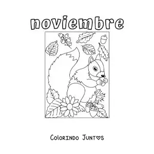 Desenho para colorir de novembro com um esquilo com folhas de outono