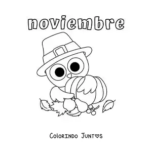 Desenho para colorir de novembro com uma coruja animada de Ação de Graças