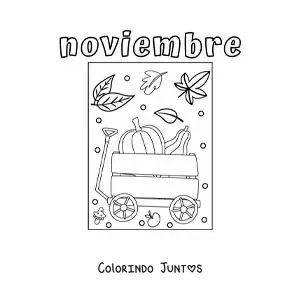 Desenho para colorir de novembro com uma carroça cheia de abóboras de outono