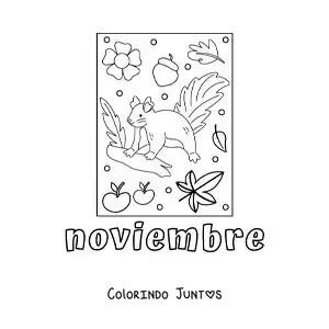 Desenho para colorir de novembro com um esquilo animado com folhas de outono