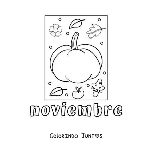 Desenho para colorir de novembro com uma abóbora com folhas de outono