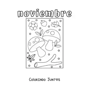 Desenho para colorir de novembro com cogumelos e folhas de outono