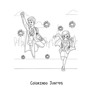 Desenho para colorir de dois medicos super-herois lutando contra o coronavirus