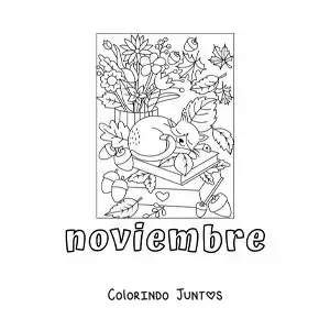 Desenho para colorir de novembro com um gato dormindo sobre uma pilha de livros no outono