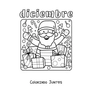 Desenho para colorir de dezembro com Papai Noel animado com presentes