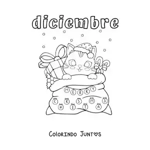 Desenho para colorir de dezembro com um gato animado em um saco de presentes
