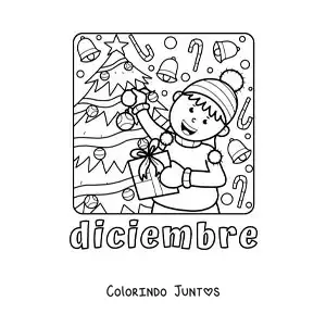 Desenho para colorir de dezembro com uma criança com presentes ao lado da árvore de Natal