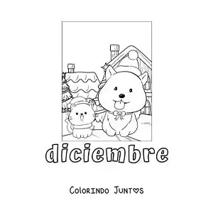 Desenho para colorir de dezembro com um cachorro e um gato natalinos animados