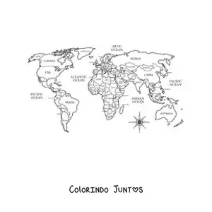 Desenho para colorir de mapa-múndi político com os nomes dos países