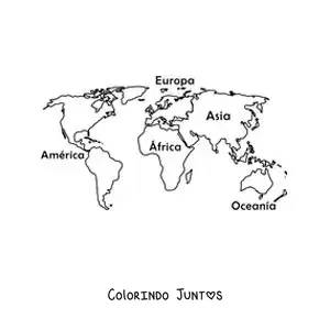 Desenho para colorir de mapa-múndi com os nomes dos continentes
