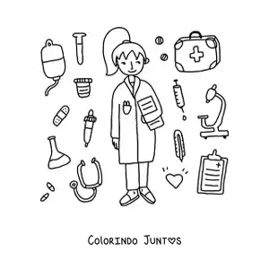 Desenho para colorir de uma medica animada rodeada de instrumentos medicos