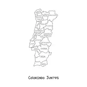 Desenho para colorir de mapa político de Portugal com nomes