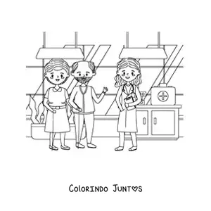 Desenho para colorir de uma medica e dois pacientes idosos em um consultorio medico