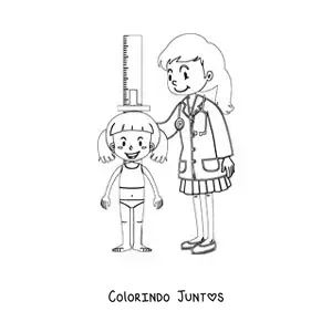 Desenho para colorir de uma pediatra medindo a altura de uma menina
