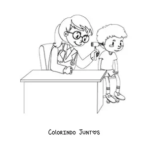 Desenho para colorir de uma pediatra examinando o ouvido de um menino no consultorio