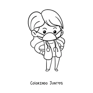 Desenho para colorir de uma medica kawaii de mascara e com estetoscopio
