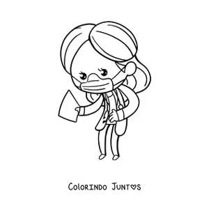 Desenho para colorir de uma medica kawaii de mascara e jaleco medico