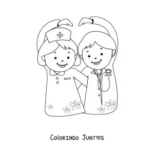Desenho para colorir de um medico e uma enfermeira animada
