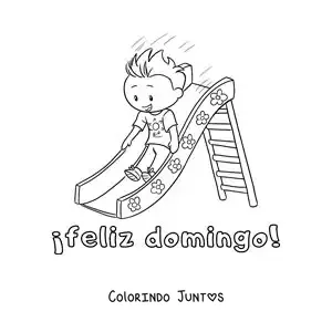 Desenho para colorir de feliz domingo com um menino brincando em um escorregador