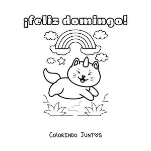 Desenho para colorir de feliz domingo com um gato unicórnio kawaii animado e um arco-íris