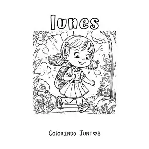 Desenho para colorir da segunda-feira com uma menina indo a pé para a escola