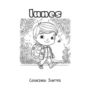 Desenho para colorir da segunda-feira com um menino indo a pé para a escola