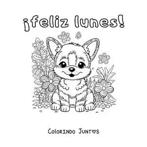 Desenho para colorir de feliz segunda-feira com um cachorro kawaii animado com flores