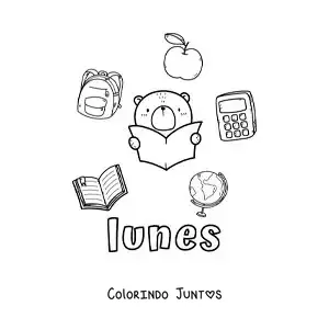 Desenho para colorir da segunda-feira com material escolar e um urso animado estudando