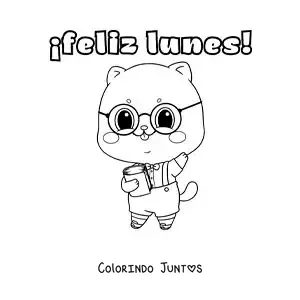Desenho para colorir de feliz segunda-feira com um gato estudioso kawaii animado