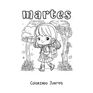 Desenho para colorir da terça-feira com uma menina a caminho da aula
