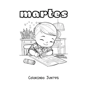 Desenho para colorir da terça-feira com um menino fazendo a tarefa