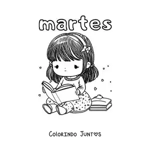 Desenho para colorir da terça-feira com uma menina lendo um livro