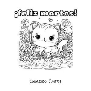 Desenho para colorir de feliz terça-feira com um gato fofo com flores