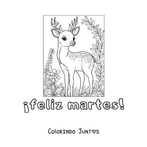 Desenho para colorir de feliz terça-feira com um cervo fofo com flores