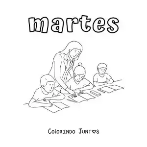 Desenho para colorir da terça-feira com crianças na aula com a professora