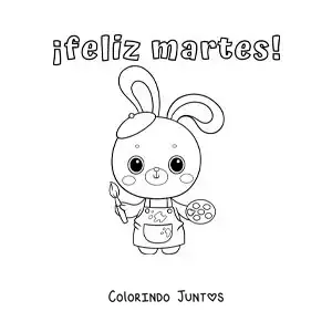 Desenho para colorir de feliz terça-feira com um coelho pintor kawaii animado