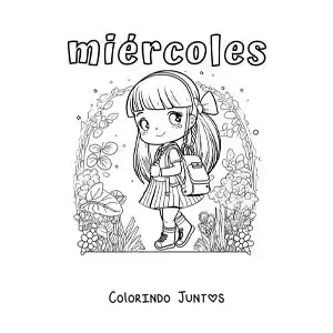 Desenho para colorir da quarta-feira com uma menina indo a pé para a escola