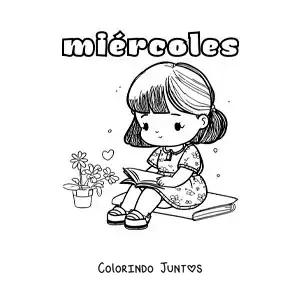Desenho para colorir da quarta-feira com uma menina kawaii lendo um livro