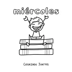 Desenho para colorir da quarta-feira com um menino feliz sentado sobre uns livros