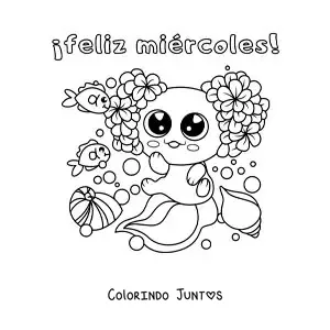 Desenho para colorir de feliz quarta-feira com um axolote kawaii fofo