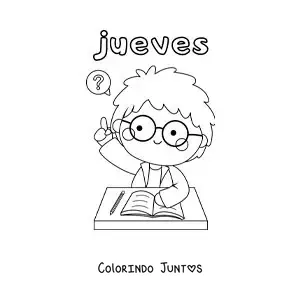 Desenho para colorir da quinta-feira com um menino levantando a mão na aula