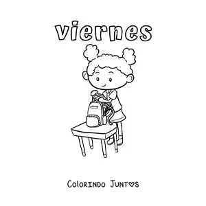 Desenho para colorir da sexta-feira com uma menina guardando o material depois da aula