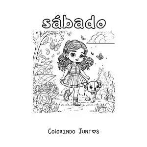 Desenho para colorir do sábado com uma menina passeando com seu cachorro no parque