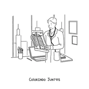 Desenho para colorir de um medico observando um raio x em um consultorio